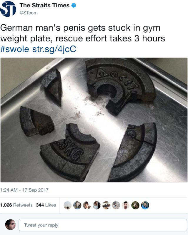 آلت تناسلی مردی که درمیان یک وزنه 2.5KG گیرکرده بود بعداز ۳ساعت تلاش آتش‌نشانان رهایی یافت. twitter.com/8Retro/status/909327034358358018محرم روی #پرورش_اندام در آلمان هم تاثیر داره؟📡 @VahidOnline