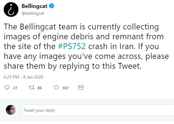 یک گروه از محققین بین المللی که یکی از ستونهای محکومیت روسیه در شلیک به هواپیمای مالزی بودند دارند روی هواپیمای اوکراینی اسناد جمع می کنند اگر چیزی دیدید و یا دارید در اختیارشون بگذارید Azemattاگر تصویری از سقوط هواپیمایی اکراین در تهران دارید، برای این گروه تحقیقی بفرستید،اونها در حال تحقیق درباره سقوط این هواپیما هستند. احتمالا هیچ گروه تحقیقی بهتر از اونها در دنیا وجود نداره. ErshadAlijaniاین گروه #بلینگ‌کت