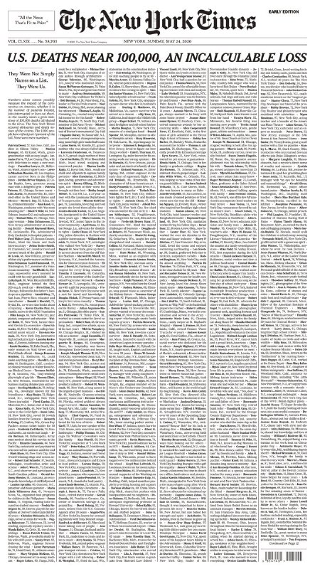 nytimesصفحه اول متفاوت و تکان‌دهنده روزنامه #نیویورک‌تایمز، ۲۴ ماه مه، ۲۰۲۰.Omid_Mبه مناسبت نزدیک شدن تعداد فوتی‌های‌ #کرونا در آمریکا به ۱۰۰ هزار 