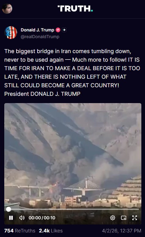 دونالد ترامپ با انتشار این ویدیوی دریافتی  از فرو ریختن پل بیلقان (بی-۱) که پیش‌تر منتشر کرده بودم در شبکه تروت سوشال نوشت