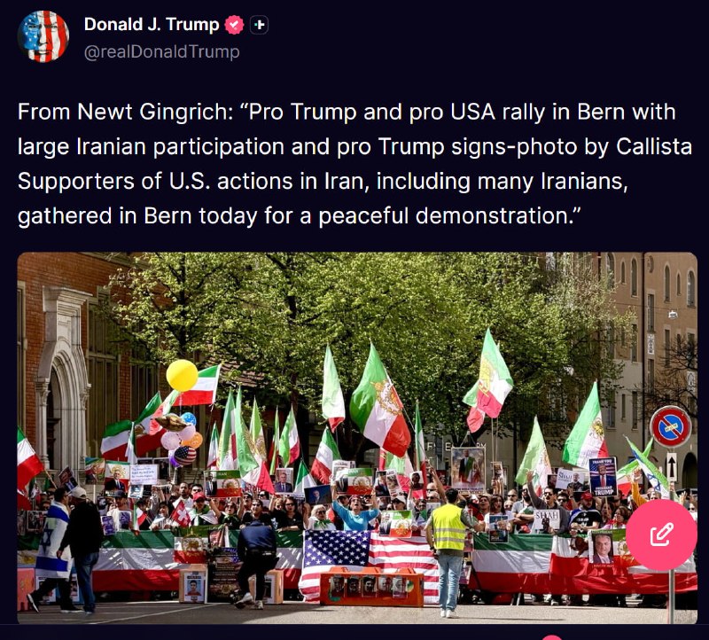 دونالد ترامپ، رئیس جمهوری آمریکا، تصویری از تجمع‌های روز شنبه ۲۲ فروردین، ایرانیان مخالف جمهوری اسلامی در خارج از ایران را منتشر کرد.او با انتشار این تصویر، به نقل از از نیوت‌ گینگریچ نوشت
