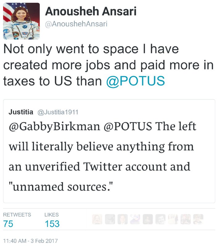 #انوشه_انصاری گفته نه تنها (به عنوان مهاجر) به فضا سفر کردم، حتی بیش‌تر از رئیس‌جمهور فعلی آمریکا شغل ایجاد کردم و مالیات دادم.twitter.com/soheilr7/status/827436378598301696📡 @VahidOnline