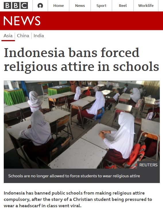 #اندونزی #مدارس دولتی را از اجباری کردن #حجاب منع کرد.این اقدام پس از آن صورت گرفت که دانش‌آموزی مسیحی برای پوشیدن روسری مورد فشار قرار گرفت.دولت اندونزی به مدارس ۳۰ روز برای لغو این قانون وقت داده استIranIntlbrk#حجاب_اجباری📡 @VahidOnline
