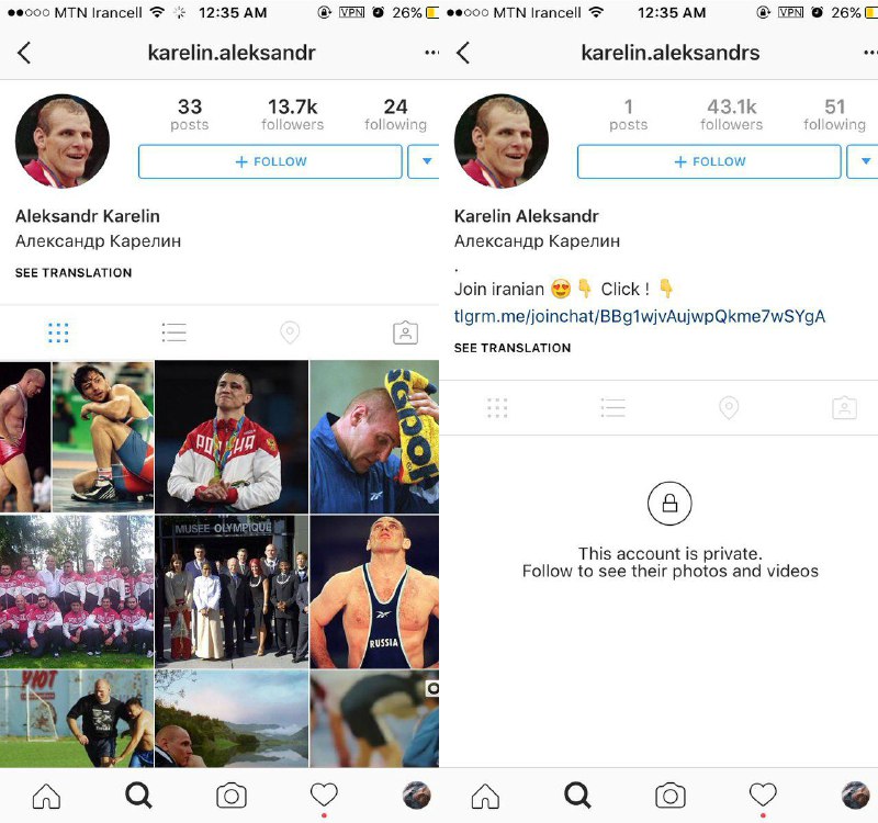 اکانت #اینستاگرامِ کشتی‌گیر روسی که به #سوریان پیغام داده ۱۳ هزار فالوئر داره اکانت #فیک ی که هموطنمون ساخته ۴۳ هزار تا.elsereturn