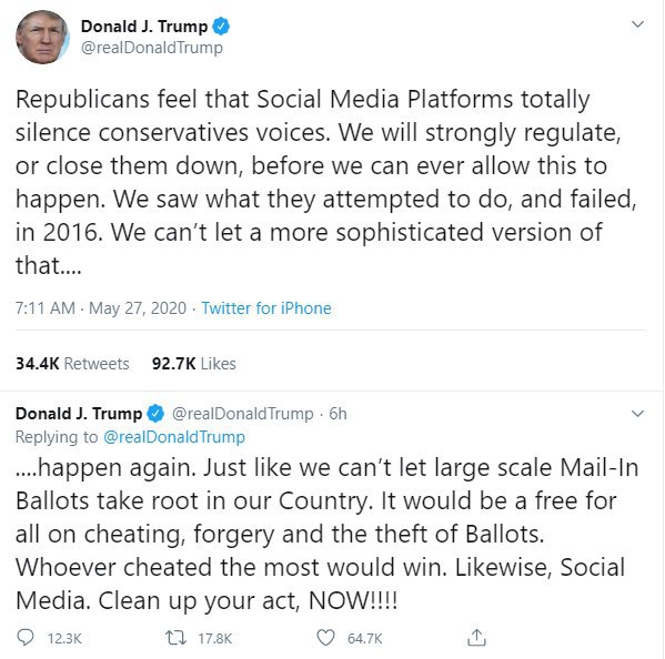 رئیس‌جمهوری #آمریکا در ادامه واکنش‌هایش به این‌که #توییتر برای نوشته‌های او برچسب #درستی‌سنجی گذاشته، تهدید کرده که 