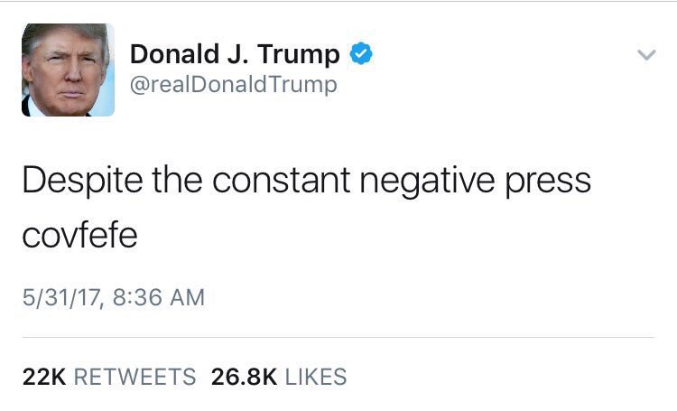 ترامپ احتمالا مسته و نصفه شب پا شده یک توییت بی‌معنی کرده و هنوز هم بعد از ۴۰ دقیقه حذف نشده 😂هشتگ #Covfefe رو ببینید چطور مردم دست گرفتن 😃 Ardeshir