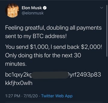 ‼️حساب‌های #توییتر بیل‌گیتس، ایلان ماسک و چند کسب‌وکار که شامل صرافی‌های رمز ارز بزرگ می‌شه احتمالا #هک شده. ازشون یک توییت با آدرس بیتکوین ارسال شده که به ملت می‌گه هر مقدار پول که بفرستن، دو برابرش رو دریافت می‌کنن.عجب اتفاق عجیبی. هنوز دلیلش معلوم نیست.💬هکر تا این لحظه بیش از ۱۱ بیتکوین جمع کرده.💬باورکردنی نیست. اوباما هم اضافه شد!arashzdامشب که خواب بودیدبزرگترین هک تاریخ توییتر در حال رخ دادنهAmirPersisهر بارم یه چیزی اومد دیده بشه، یه فیلی هوا شد یه مایکل جکسونی مرد. اکانت توییتر اپل و بیل گیتس و ایلان ماسک هک شده. #اعدام_نکنیدalihejvani#هک_توییتر📡 @VahidOnline‼️حساب‌های #توییتر بیل‌گیتس، ایلان ماسک و چند کسب‌وکار که شامل صرافی‌های رمز ارز بزرگ می‌شه احتمالا #هک شده. ازشون یک توییت با آدرس بیتکوین ارسال شده که به ملت می‌گه هر مقدار پول که بفرستن، دو برابرش رو دریافت می‌کنن.عجب اتفاق عجیبی. هنوز دلیلش معلوم نیست.💬هکر تا این لحظه بیش از ۱۱ بیتکوین جمع کرده.💬باورکردنی نیست. اوباما هم اضافه شد!arashzdامشب که خواب بودیدبزرگترین هک تاریخ توییتر در حال رخ دادنهAmirPersisهر بارم یه چیزی اومد دیده بشه، یه فیلی هوا شد یه مایکل جکسونی مرد. اکانت توییتر اپل و بیل گیتس و ایلان ماسک هک شده. #اعدام_نکنیدalihejvani#هک_توییتر📡 @VahidOnline