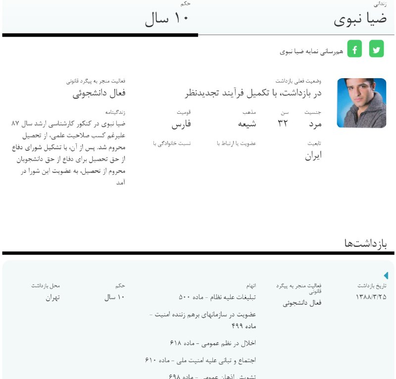 ۸ ساله که سخت‌ترین شکل حبس رو می‌کشه و حرفی ازش زده نمیشهتقریبا همه فعالین دانشجویی۸۸ آزاد شدند و #ضیانبوی هنوز باید ۲سال دیگه بکشه t.co/hAQQ7MLLzRghazinouri