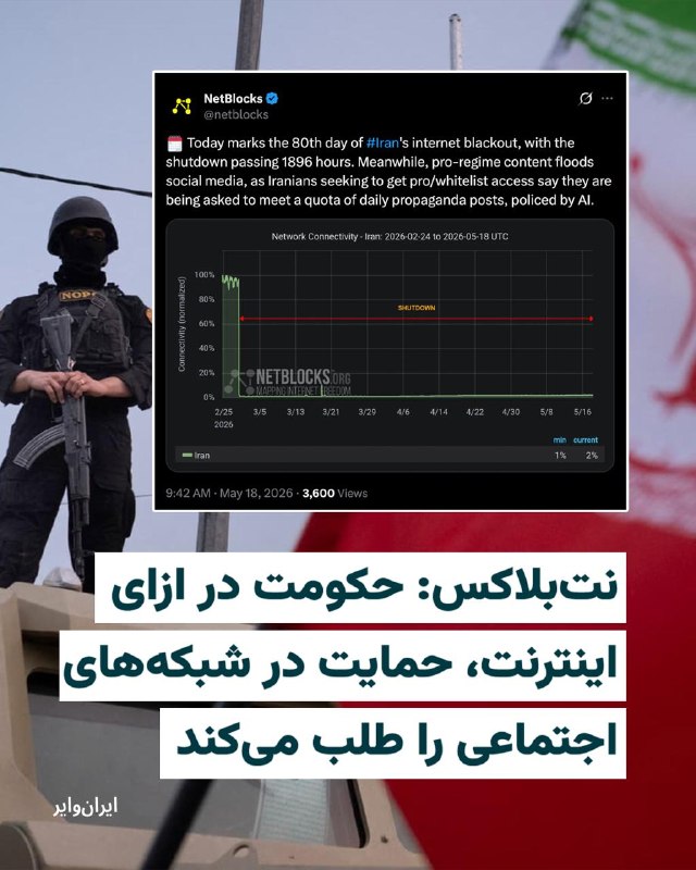 «نت‌بلاکس» نهاد ناظر بر آزادی اینترنت اعلام کرد قطعی و محدودیت اینترنت در ایران وارد هشتادمین روز خود شده و مدت این خاموشی تاکنون از ۱۸۹۶ ساعت عبور کرده است.نت‌بلاکس همچنین گزارش داده که هم‌زمان با ادامه محدودیت‌های اینترنتی، محتواهایی در حمایت از حکومت، شبکه‌های اجتماعی در ایران را پر کرده است.بر اساس این گزارش، برخی شهروندان ایرانی که تلاش کرده‌اند به اینترنت موسوم به «سیم کارت سفید» یا اینترنت ویژه (اینترنت پرو) دسترسی پیدا کنند، گفته‌اند از آن‌ها خواسته شده سهمیه مشخصی از پست‌های تبلیغاتی روزانه در حمایت از حکومت را در صفحات اجتماعی خود منتشر کنند.@VahidHeadline📡 @VahidOnline