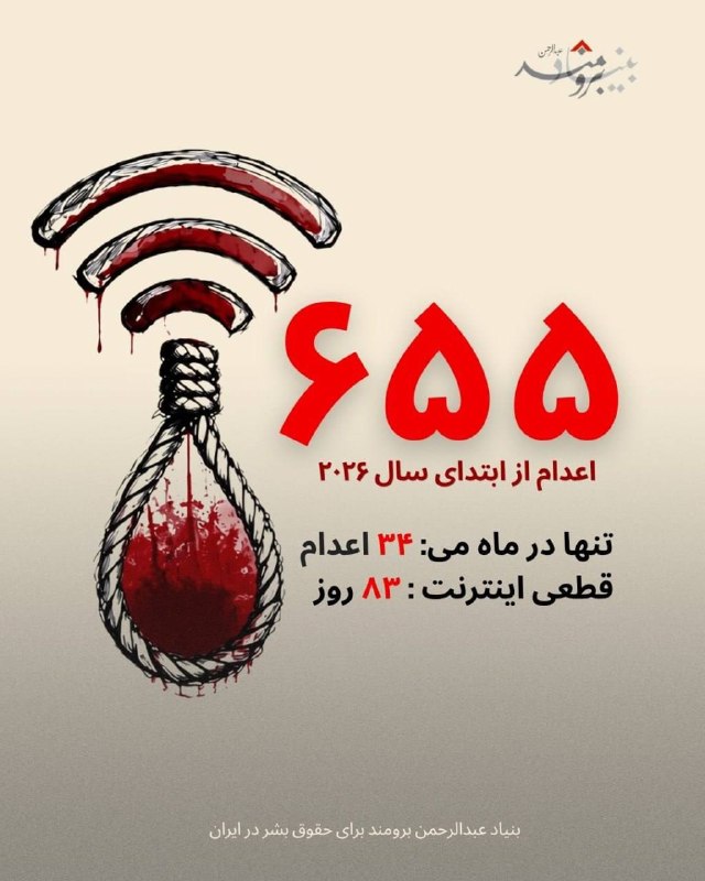 🔴بنیاد عبدالرحمن برومند تا کنون ۶۵۵ مورد اعدام را در سال ۲۰۲۶  ثبت کرده است، که ۳۴ مورد که از آغاز ماه می تاکنون اجرا شده است.. آمار واقعی احتمالاً بسیار بیشتر از این رقم است. جمهوری اسلامی در حالی این اعدام‌ها را پشت درهای بسته اجرا می‌کند که  ۸۳ روزه است که اینترنت کشور قطع شده است. حاکمیت با قطع ارتباط جامعه از ۹ اسفند ۱۴۰۴  صدای زندانیان، خانواده‌ها و شاهدان عینی را به شدت سرکوب کرده و نظارت مستقل بر وضعیت حقوق بشر را به‌طور خاص دشوار ساخته است.🔸از آنجا که دستگاه قضایی همواره تنها بخش کوچکی از احکام مرگ خود را به‌طور رسمی اعلام می‌کند، قطع اینترنت داده‌های فعلی را به شدت محدود به منابع دولتی ایران کرده است. بنابراین کاهش در آمارهای ثبت‌شده، تنها نشان‌دهنده خفقان اطلاعاتی است، نه کاهش کشتار.#نه_به_اعدام @IranRights🔴بنیاد عبدالرحمن برومند تا کنون ۶۵۵ مورد اعدام را در سال ۲۰۲۶  ثبت کرده است، که ۳۴ مورد که از آغاز ماه می تاکنون اجرا شده است.. آمار واقعی احتمالاً بسیار بیشتر از این رقم است. جمهوری اسلامی در حالی این اعدام‌ها را پشت درهای بسته اجرا می‌کند که  ۸۳ روزه است که اینترنت کشور قطع شده است. حاکمیت با قطع ارتباط جامعه از ۹ اسفند ۱۴۰۴  صدای زندانیان، خانواده‌ها و شاهدان عینی را به شدت سرکوب کرده و نظارت مستقل بر وضعیت حقوق بشر را به‌طور خاص دشوار ساخته است.🔸از آنجا که دستگاه قضایی همواره تنها بخش کوچکی از احکام مرگ خود را به‌طور رسمی اعلام می‌کند، قطع اینترنت داده‌های فعلی را به شدت محدود به منابع دولتی ایران کرده است. بنابراین کاهش در آمارهای ثبت‌شده، تنها نشان‌دهنده خفقان اطلاعاتی است، نه کاهش کشتار.#نه_به_اعدام @IranRights