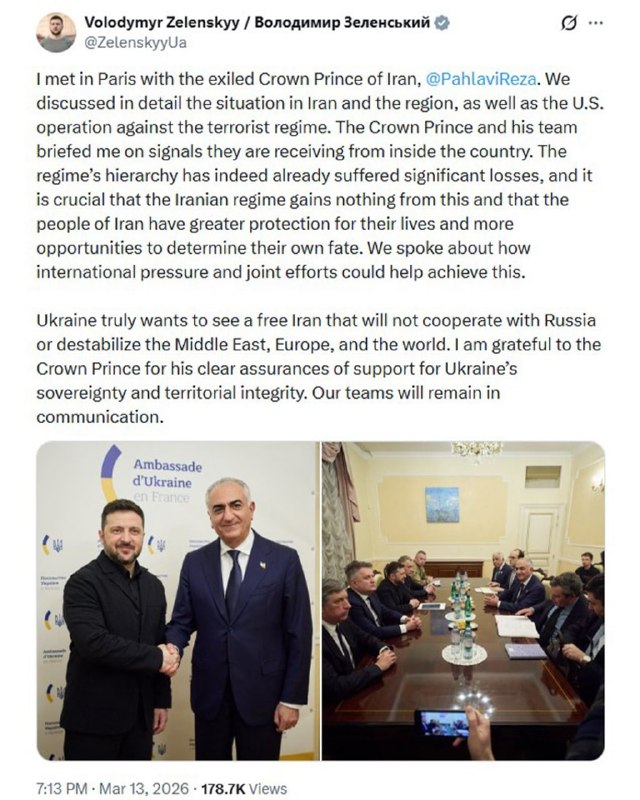 رئیس‌جمهور اوکراین خبر داد که برای دومین‌بار با شاهزاده رضا پهلوی دیدار کرده است.ولودیمیر زلنسکی که برای دیدار با همتای فرانسوی خود به پاریس سفر کرده، روز جمعه ۲۲ اسفند در این شهر با رضا پهلوی دیدار کرد.او در گزارشی درباره این دیدار در شبکه ایکس نوشته